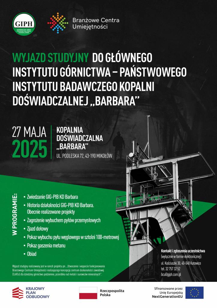 Plakat reklamujący wyjazd studyjny do kopalni doświadczalnej Barbara w dniu 27 maja 2025 r., zawierający szczegóły programu, loga organizatorów i przemysłową konstrukcję górniczą w nocy w tle. Tekst jest głównie w języku polskim.
