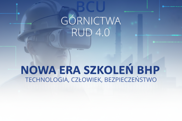 Osoba w kasku ochronnym i zestawie VR jest pokazana na tle przemysłowym. Polski tekst promuje nowoczesną erę szkoleń BHP skoncentrowaną na technologii, ludziach i bezpieczeństwie, a wydarzenie datowane jest na 26 listopada 2025 r.